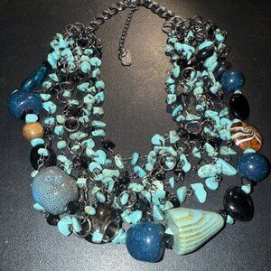 Vintage Faux Turquoise And Silver Toned Charm Necklace Yousi Signed